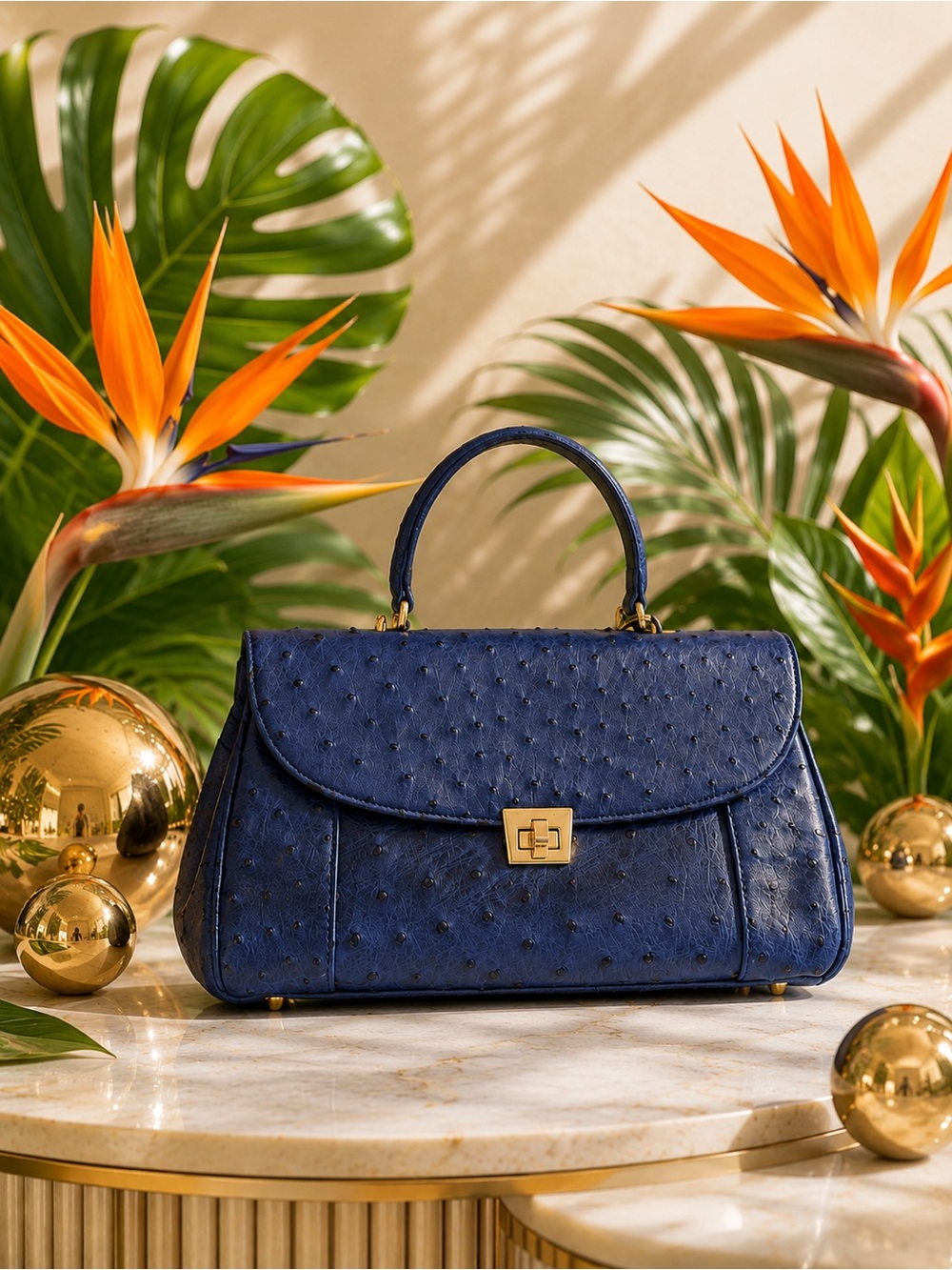 Vintage Genuine Ostrich Leather Two-Way Satchel Bag – Cobalt Blue